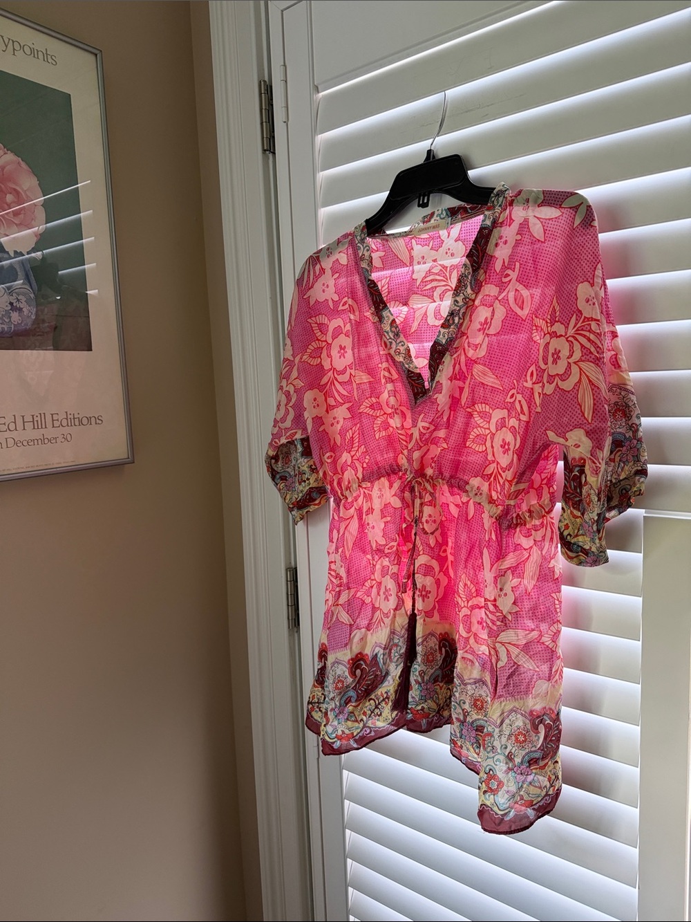 Johnny Was Pink Floral V-Neck Tie-Waist Tunic silk